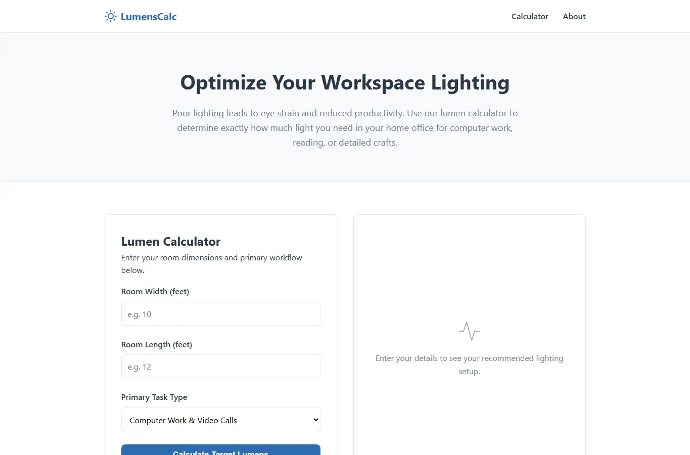 Screenshot of LumensCalc: Workspace Light Planner interface showing the project page in use